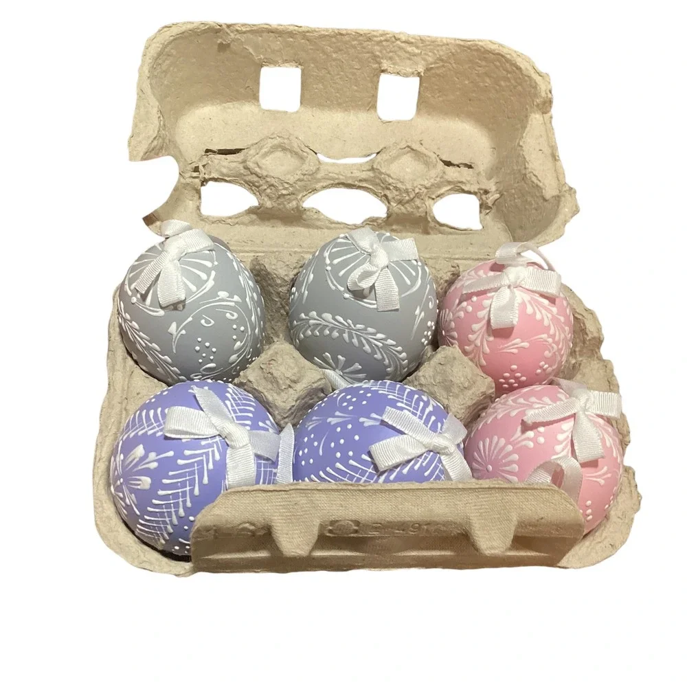Set of 6 Easter Ornaments Pink Purple Gray Decorative Eggs Hanging Ribbons